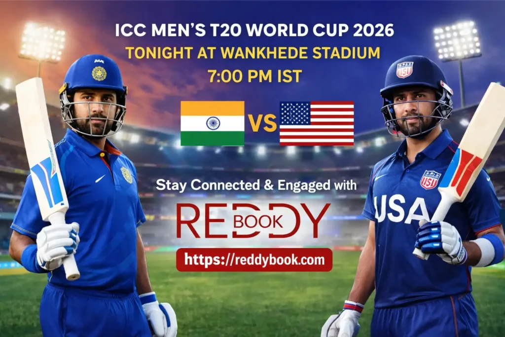 Reddybook India vs USA T20 World Cup 2026 featured image showing cricket match theme