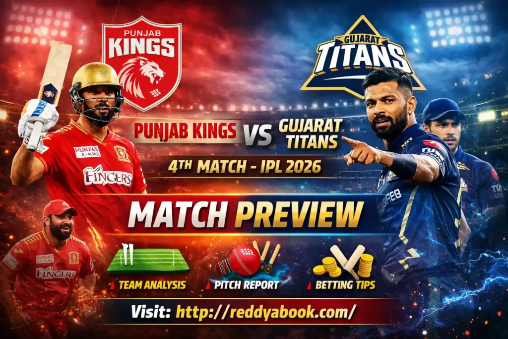 Punjab Kings vs Gujarat Titans IPL 2026 4th match preview banner with ReddyBook website link