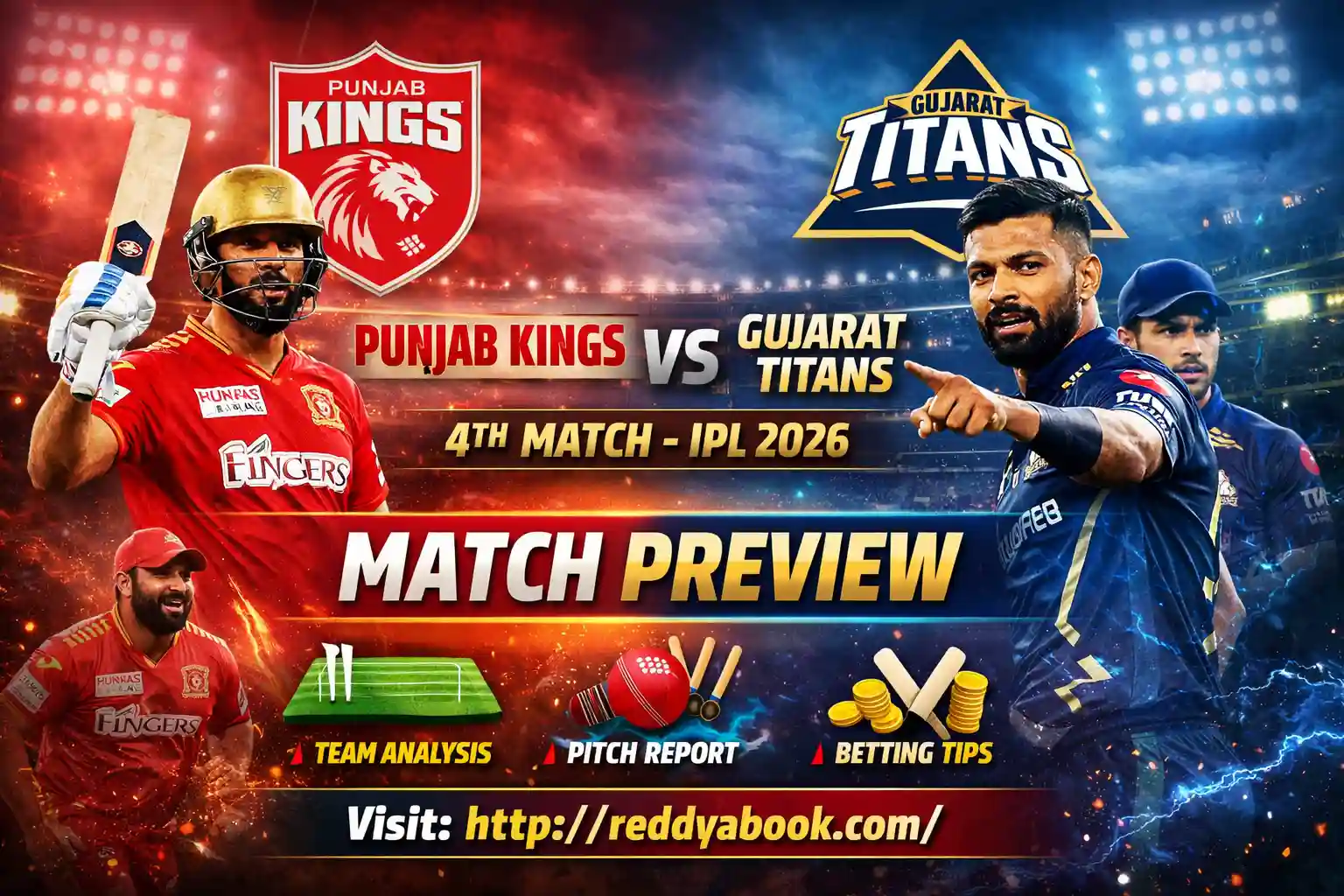 Punjab Kings vs Gujarat Titans IPL 2026 4th match preview banner with ReddyBook website link