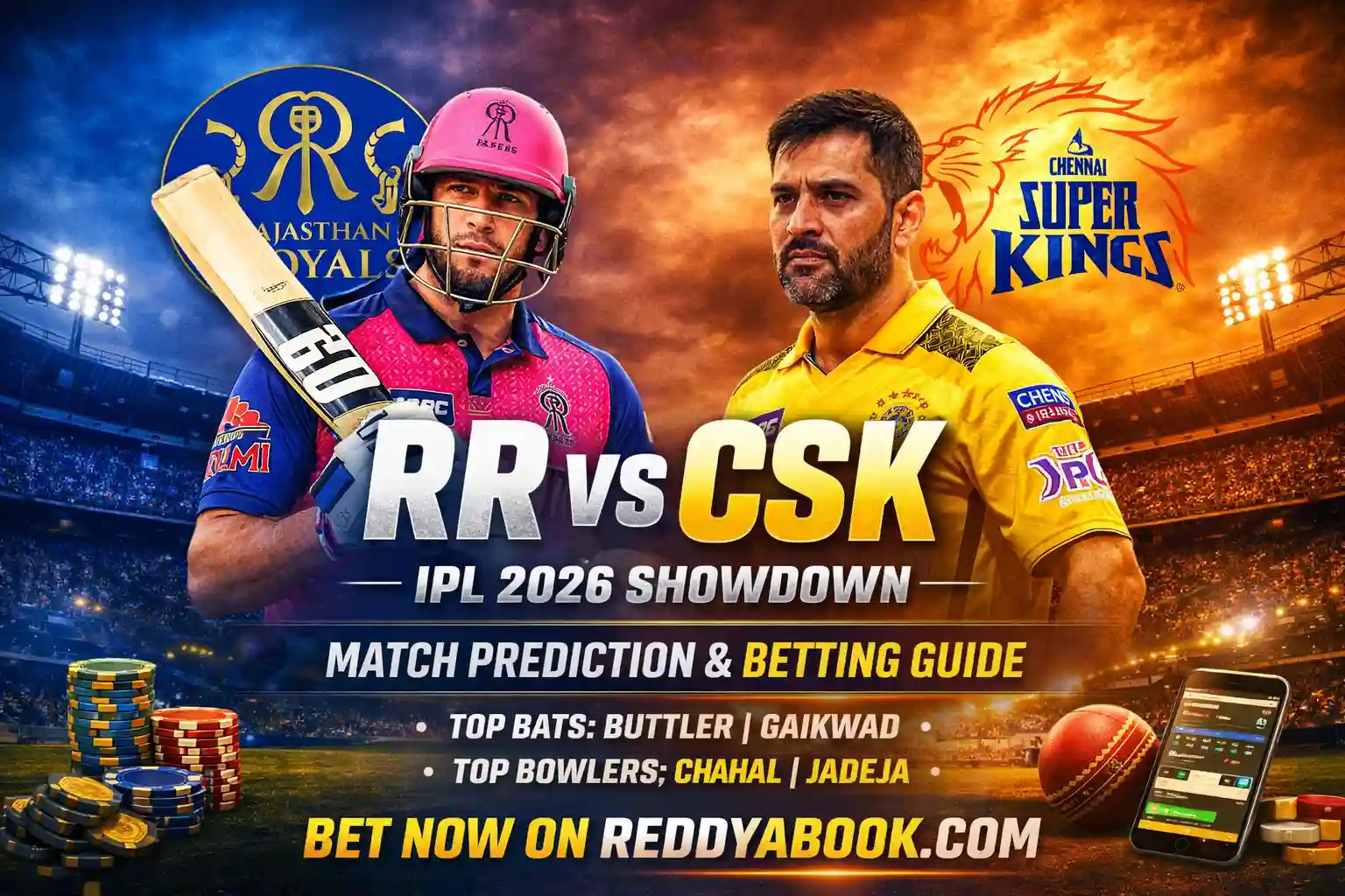 RR vs CSK IPL 2026 match prediction, betting guide, and live odds on ReddyABook platform